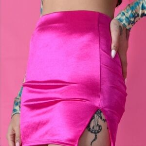 Neon Pink Satin Stretch mini skirt NWT